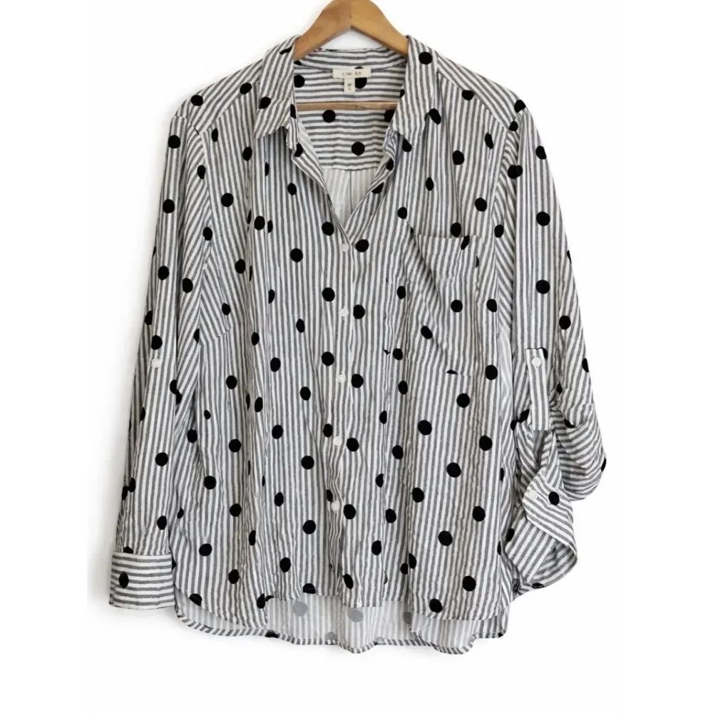 womens 2xl como blu tab sleeve shirt blouse polka dot  gray black top